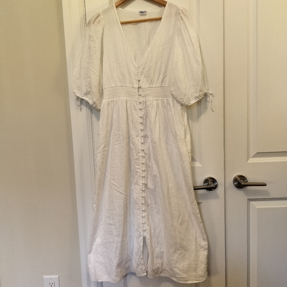 Anthropologie Bila77 100% Cotton Pure White Puff Sleeves Maxi Dress Size M